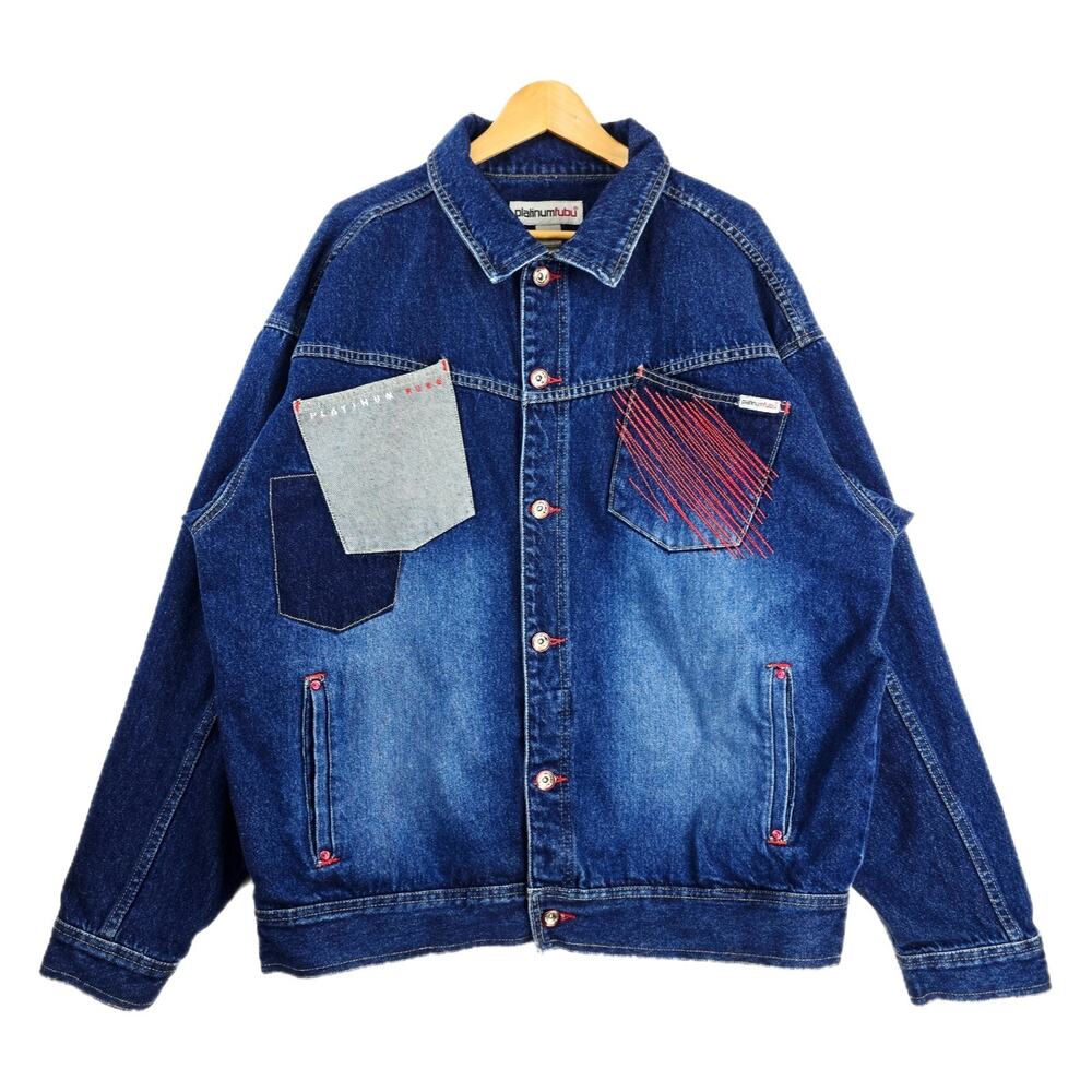 Vintage Platinum FUBU Denim Jacket Mens XL Blue Hip Hop Y2K Embroidered Jean Y2K